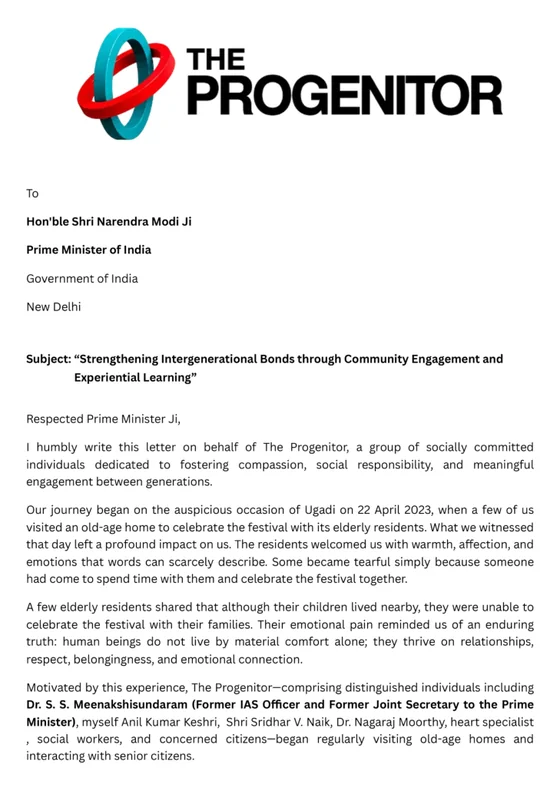 First page of The Progenitor’s letter addressed to the Prime Minister of India